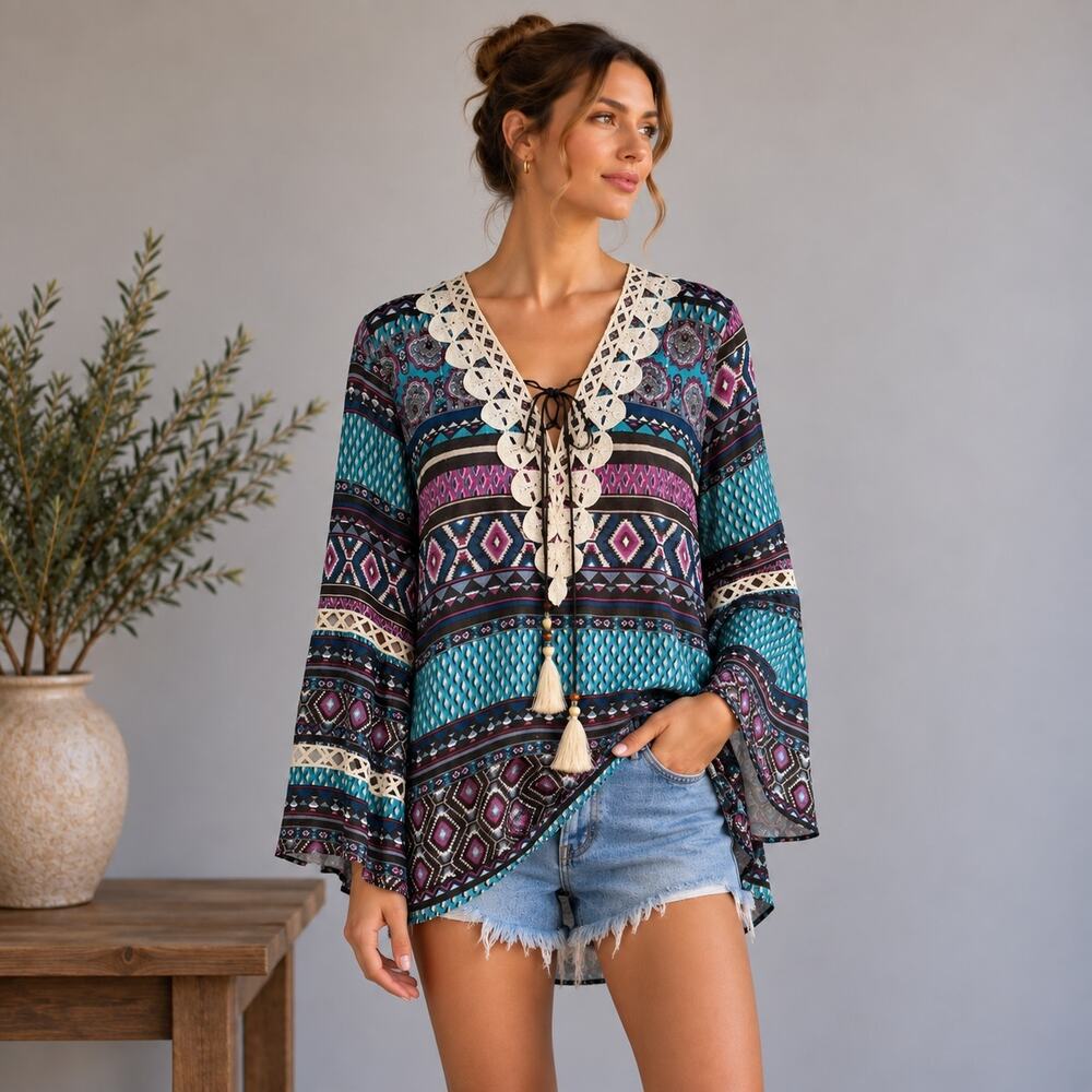 Umgee Geometric Lace Front Long Sleeve Boho Top Medium